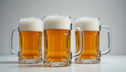 Three brimming beer mugs stand on a white surface, golden liquid and frothy white head visible.
