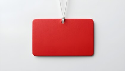 A vibrant red tag hangs on a white string against a clean white background, simple and eye-catching.