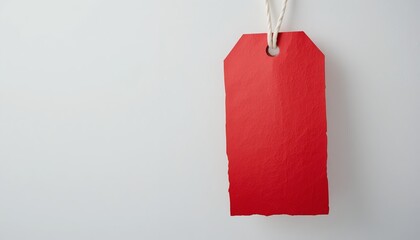 A vibrant red tag hangs against a clean white background, creating visual contrast and simplicity.