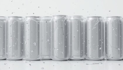 Rows of sleek silver cans are splashed by refreshing droplets against a crisp, clean white backdrop.