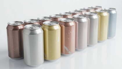 A row of vibrant soda cans showcasing a spectrum of pastel hues, embodying a calming aesthetic.