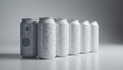 A row of minimalist white cans with geometric designs in a studio setting creates a modern look.