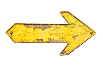 Rustic yellow arrow sign, weathered paint, grunge texture, transparent background, pointing right, direction indicator, vintage style, isolated, metal, rusty, aged, graphic element,