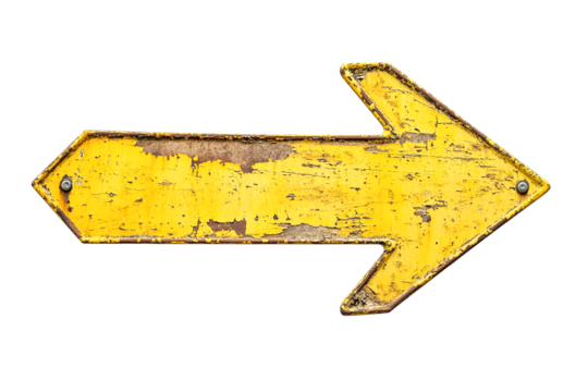 Rustic yellow arrow sign, weathered paint, grunge texture, transparent background, pointing right, direction indicator, vintage style, isolated, metal, rusty, aged, graphic element, - Powered by Adobe