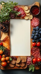 Explore a blank charcuterie board surrounded by an array of colorful delicacies and a rustic wooden backdrop at a cozy gathering