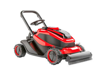 Modern red and black robotic lawn mower isolated on transparent background, showcasing its sleek design and powerful brush.