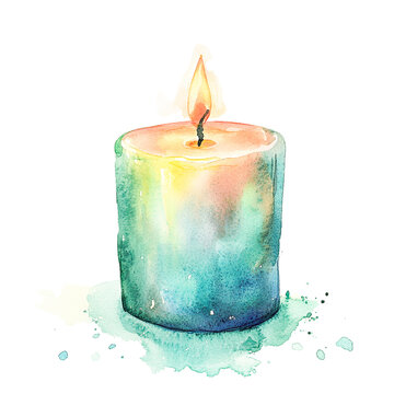 Watercolor painting of a teal and orange candle burning brightly with transparent background