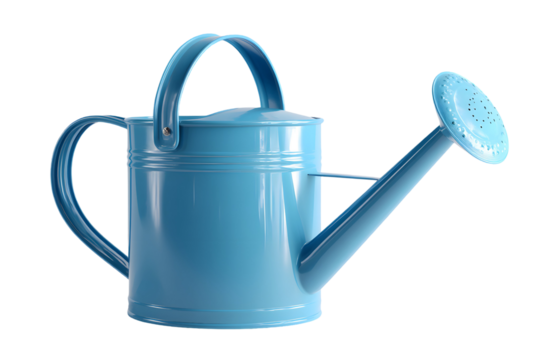 Elegant light blue watering can isolated on a solid black background still life