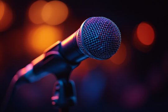  Empty stage microphone with soft lighting and blurred background, symbolic public speaking perspective in CG watercolor style.