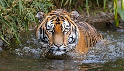Fototapeta premium Close-up of a tiger in a shallow stream.