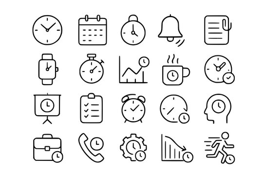 Minimalist Time Management Line Icons Set: Clock, Calendar, Productivity, Schedule, Deadline, Efficiency, and More