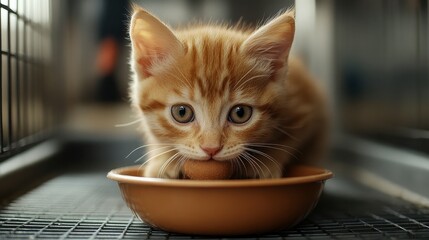 Adorable orange kitten playing with a ball in a cozy environment