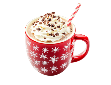 Hot chocolate in a red snowflake mug with whipped cream and chocolate shavings, transparent background