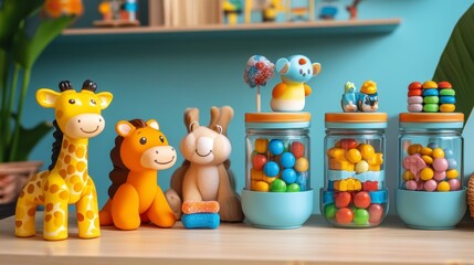 Obraz premium Colorful Toy Figures and Candy Jars on a Vibrant Playroom Shelf