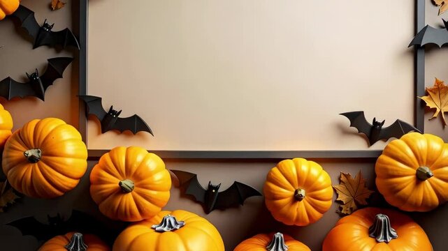 Halloween themed background with empty rectangular frame, pumpkins, black bats and autumn leaves, neutral beige backdrop and dark gray frame around the copy space.