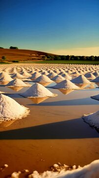Salt mounds shimmer on a salt farm with reflecting water against a pastel sky