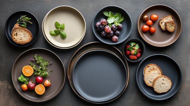 Elegant melamine plates elegantly showcasing fresh fruit and artisanal bread in a refined setting