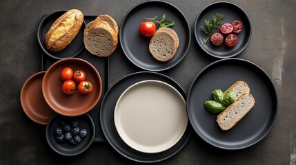 Elegant arrangement of melamine plates with fresh ingredients on a dark textured surface creates a luxurious dining experience
