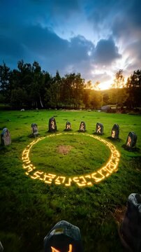 Enigmatic runestone circle on grassy meadow with glowing magical runes at dusk, creating a mystical and ancient scene