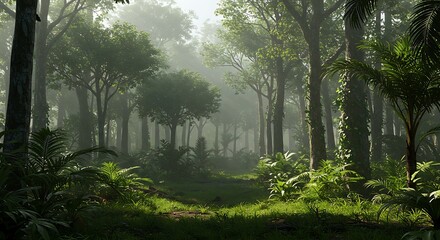 Fototapeta premium Misty Morning in a Lush Tropical Rainforest A Serene Digital Landscape