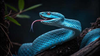 Fototapeta premium Blue pit viper close-up with tongue sticking out