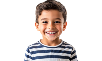 Happy smiling boy portrait, striped shirt, transparent background, cheerful expression, kid headshot, isolated image, child model, studio shot, positive emotion, carefree childhood,
