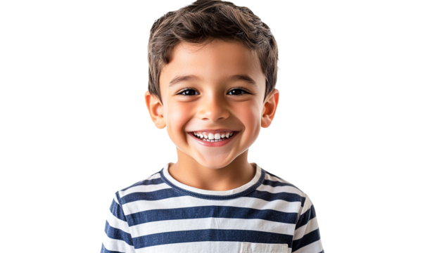 Happy smiling boy portrait, striped shirt, transparent background, cheerful expression, kid headshot, isolated image, child model, studio shot, positive emotion, carefree childhood,