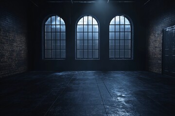 Fototapeta premium Dramatic Industrial Space with Brick Walls and Large Windows. A Cinematic Urban Setting with Minimalistic Design and Moody Atmosphere