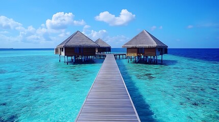 Luxurious Overwater Bungalows in Turquoise Waters, Connected by Wooden Walkway Under Bright Blue Sky
