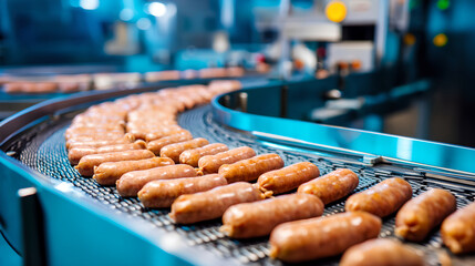 A long conveyor belt in a factory is filled with rows of quality sausages, indicating mass production.

