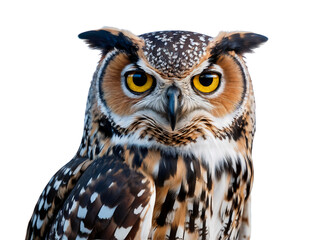Obraz premium Majestic spotted eagle owl portrait with bright yellow on transparent background