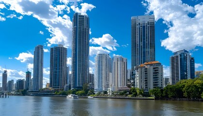 Fototapeta premium City skyline along a river under a partly cloudy sky.