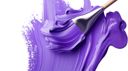 A paintbrush spreading a thick layer of vibrant purple paint across a black background in a studio shot on transparent background