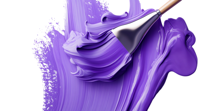 A paintbrush spreading a thick layer of vibrant purple paint across a black background in a studio shot on transparent background