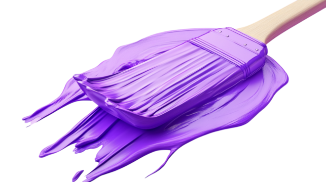 A close up of a paintbrush covered in purple paint against a black background in a studio setting on transparent background