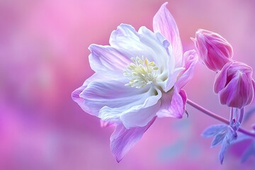 Fototapeta premium Pale Lavender and White Columbine Flower with Buds Against Pink Background, CloseUp