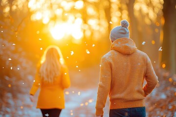 Man walks along a forest path at sunset, while a woman follows closely behind, bathed in warm golden light