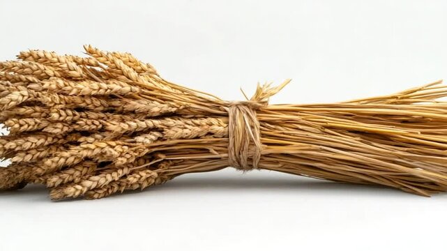 Golden wheat tied with twine on a bright surface embodies autumn harvest charm