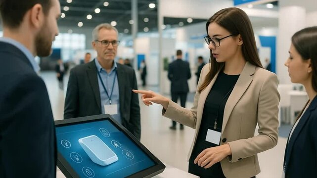 Tech-Savvy Woman Presenting Smart Device at Modern Trade Fair Booth