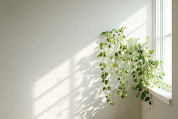 sunlight filtering through leaves creating intricate patterns of light and shadow on clean wall