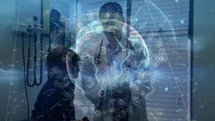 Doctor checking boy heartbeat for global health data as hologram globe with data icons expanding - Powered by Adobe