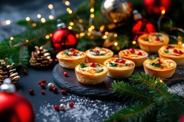 Delightful mini quiches on a festive holiday table with elegant decor for New Year celebrations