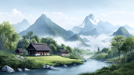 Fototapeta premium Serene Asian Landscape Misty Mountains River and Traditional Houses