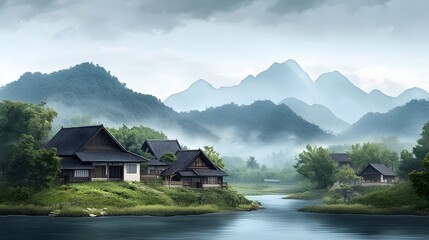 Serene Asian Village nestled beside tranquil lake and misty mountains Picturesque landscape