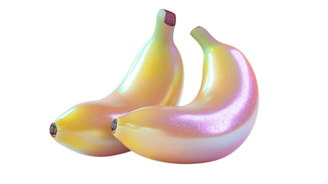 Two bananas with a pearlescent sheen against a black background in a studio setting close up view on transparent background