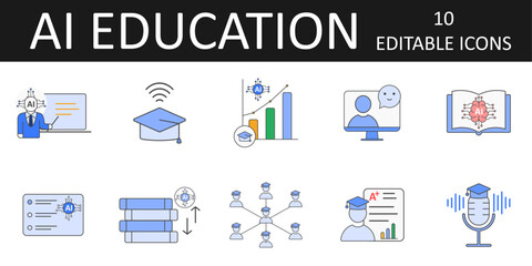 AI in Education and E-Learning icon sheet featuring AI tutor, student data flow, smart book, quiz panel, chatbot class, graduation cap, learning graph, voice assistant, performance dashboard