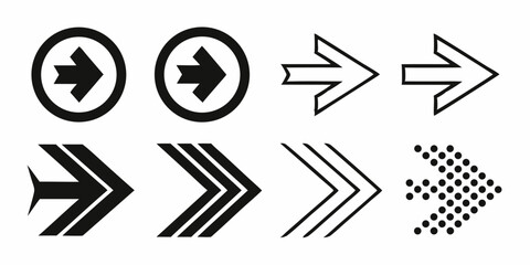 Collection of eight different arrow designs pointing right in black and white illustration format