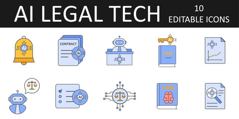 AI in Legal Tech icon sheet featuring AI contract overlay, smart legal document, digital justice scales, neural law book, notification bell, key on law book, courtroom assistant, predictive checklist