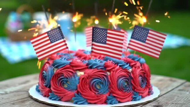 Patriotic Cake with Mini Flags and Sparklers