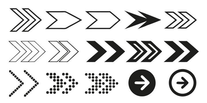 Illustration of various arrow designs pointing to the right with different styles and representations on white background